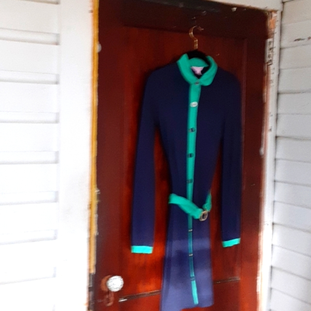 Lilly Pulitzer sz XS green & navy soft knit button down dress with Peterpan coll